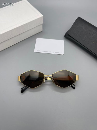 Gold metal polygon sunglasses with dark lenses, displayed with a white authenticity card and black case. - Image 10