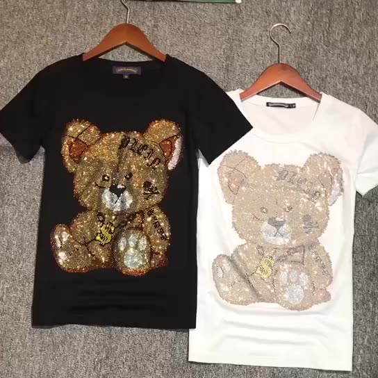 Camiseta Infantil Estampado Oso con Strass y Pantalón Casual