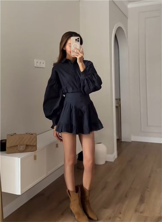 Conjunto Ejecutivo Falda Tableada con Blusa de Mangas Voluminosas - Image 19