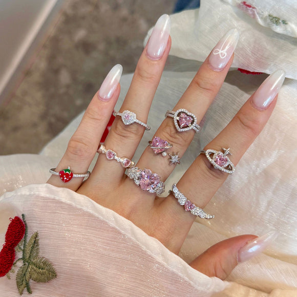 Anillo de Plata 925 Corazón Fresa con Alas y Resina para Mujer