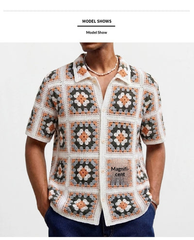 Blusa Tejida de Manga Corta con Bloques de Color y Cuello Solapa Calado - Image 10
