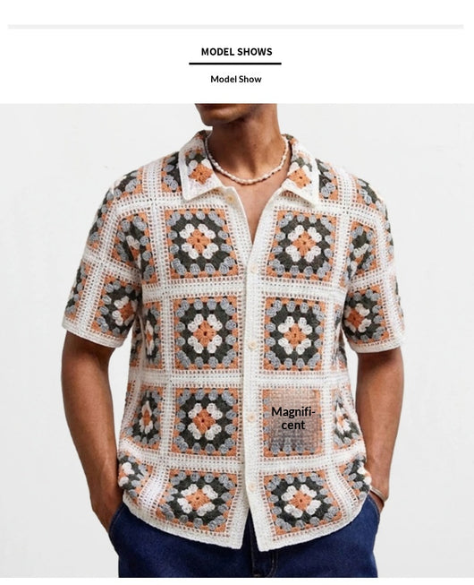 Blusa Tejida de Manga Corta con Bloques de Color y Cuello Solapa Calado - Image 10