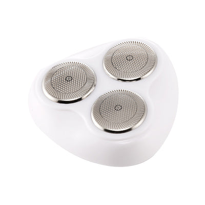 White and black Ruiying electric rotary shaver with three heads next to its dark blue product box. - Image 5