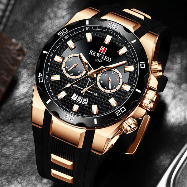 Reloj para Hombre REWARD Negro y Dorado con Diseño Moderno y Calendario