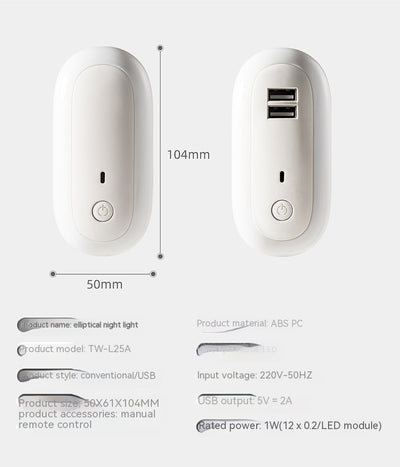 Lámpara Nocturna Ovalada con Puertos USB Duales, Control Remoto y Temporizador - Image 6