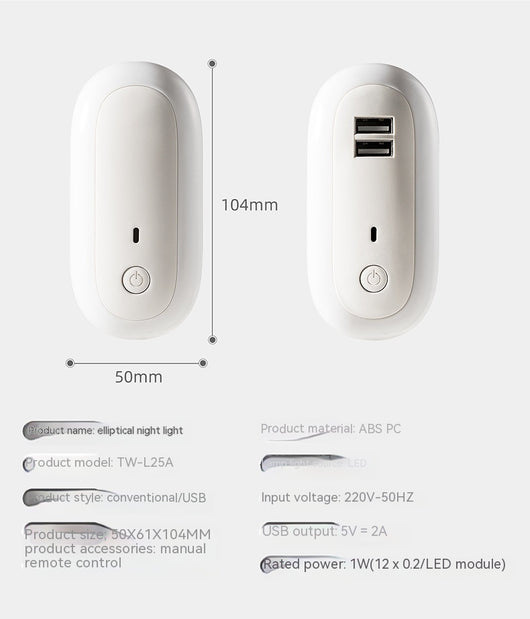 Lámpara Nocturna Ovalada con Puertos USB Duales, Control Remoto y Temporizador - Image 6
