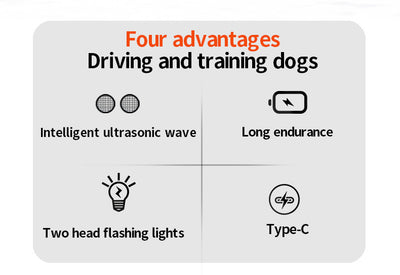 Black and orange handheld ultrasonic dog repellent with two sound emitters and two control buttons. - Image 8