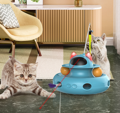 Orange automatic cat teaser toy with a laser, feather wand, and rolling balls, featuring a cat-ear design. - Image 11