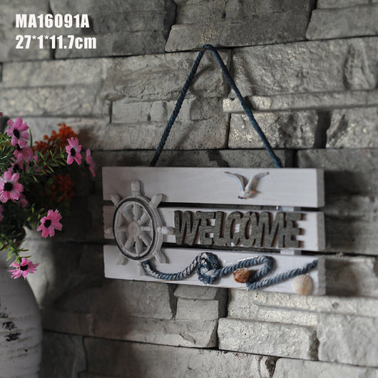 Placa de Bienvenida Mediterránea con Ancla Marina y Timón - Decoración Náutica de Madera - Image 9