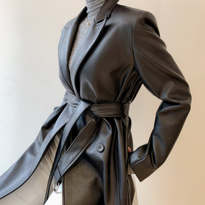 Abrigo Trench Coat de Cuero PU Doble Botonadura con Cuello de Traje - Image 10