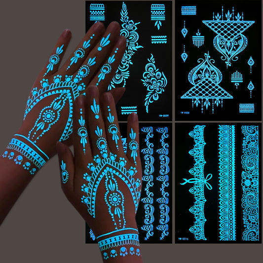 Tatuajes Temporales de Henna Fluorescentes - Diseños de Encaje para Manos y Brazos