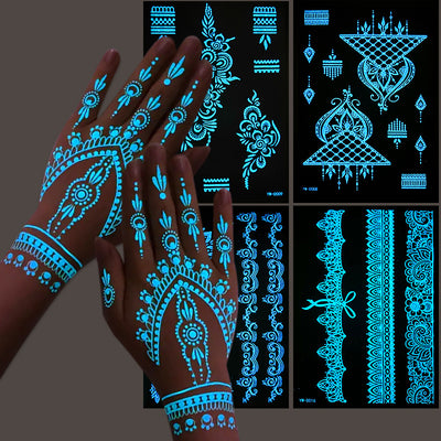 Tatuajes Temporales de Henna Fluorescentes - Diseños de Encaje para Manos y Brazos
