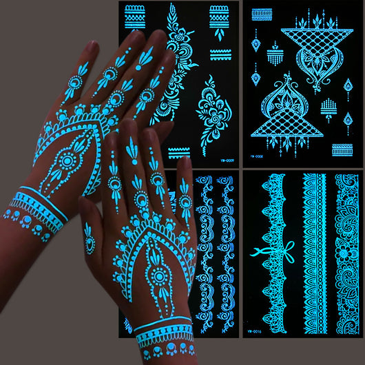 Tatuajes Temporales de Henna Fluorescentes - Diseños de Encaje para Manos y Brazos