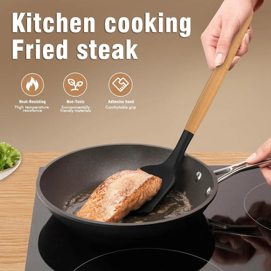 Silicone Cooking Utensils Set - Silicone Kitchen Utensils for Cooking Wooden Handles, 446°F Heat Resistant Kitchen Utensil Spatula Sets W Holder, Gadgets for Non-Stick Cookware BPA FREE (Black) - Tekeno