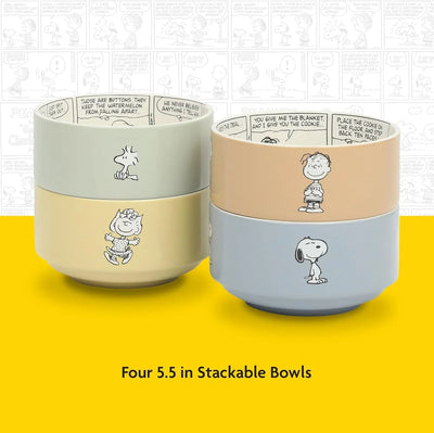 Set de 4 cuencos apilables de gres Peanuts – Snoopy y amigos, 14 cm, aptos para microondas y lavavajillas - Tekeno