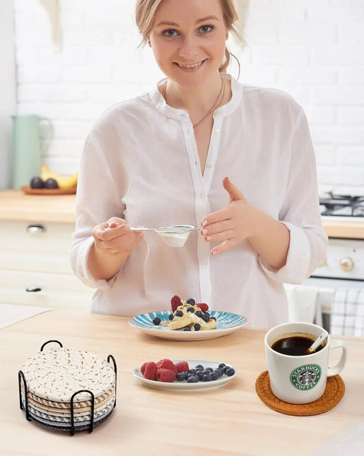 Posavasos absorbentes minimalistas – Juego de 8 unidades con soporte, elegantes y funcionales para decoración de mesa - Tekeno