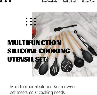 Silicone Cooking Utensils Set for Kitchen, Spoons Spatula Spatulas Accessories, Baking Heat Resistant Cookware De Home, Rubber New Apartment Decor, Plastic Nonstick Turner Tool (Black) - Tekeno