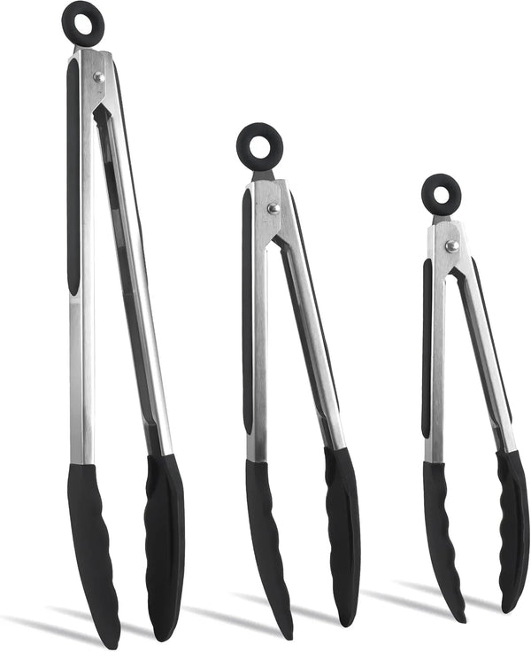 Stainless Steel Silicone Tipped Kitchen & BBQ Tongs Set, 3 Pc. Tongs, Black - Tekeno