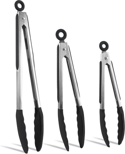 Stainless Steel Silicone Tipped Kitchen & BBQ Tongs Set, 3 Pc. Tongs, Black - Tekeno