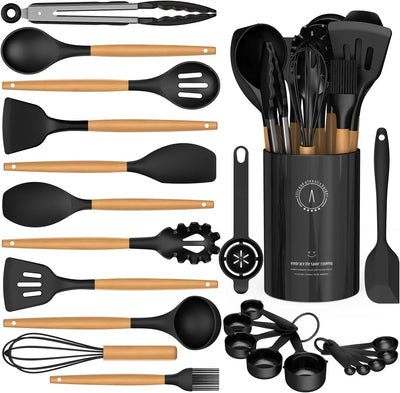 Silicone Cooking Utensils Set - Silicone Kitchen Utensils for Cooking Wooden Handles, 446°F Heat Resistant Kitchen Utensil Spatula Sets W Holder, Gadgets for Non-Stick Cookware BPA FREE (Black) - Tekeno