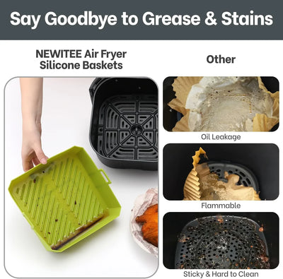 5 QT Air Fryer Silicone Liners for Ninja AF141/AF142/AF181/AF182 & COSORI CAF-L501, 2 Pack BPA Free Platinum Silicone Basket, Square Reusable Air Fryer Liners with Handle, Upgrade - Tekeno