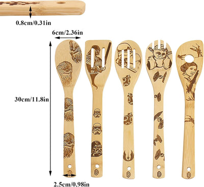 Set de 5 utensilios de cocina de madera Star Wars – Cucharas grabadas estilo quemado, ideal para regalos divertidos y decoración temática - Tekeno