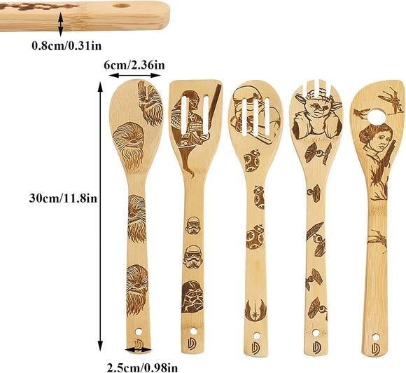 Conjunto de 5 utensílios de cozinha de madeira Star Wars – Colheres gravadas estilo queimado, ideal para presentes divertidos e decoração temática