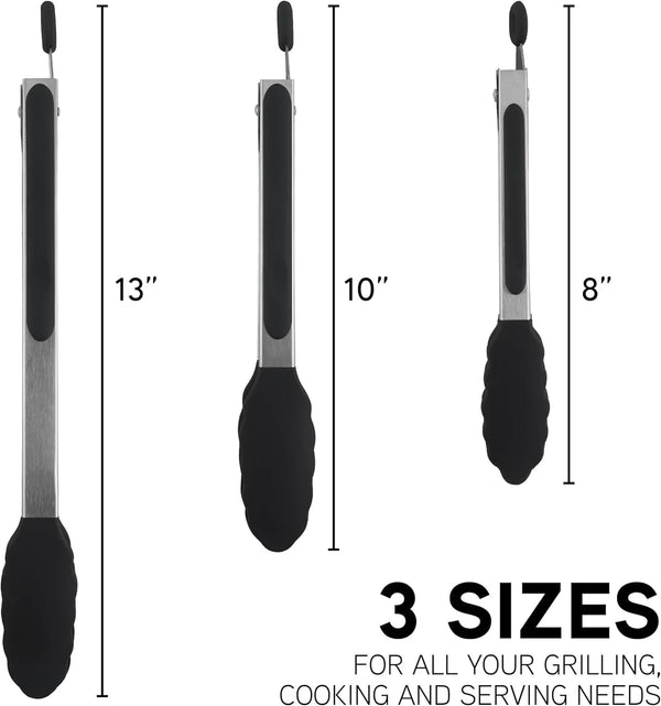 Stainless Steel Silicone Tipped Kitchen & BBQ Tongs Set, 3 Pc. Tongs, Black