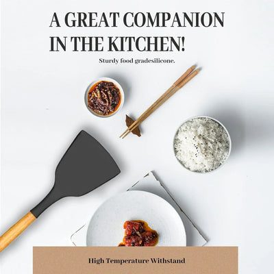 Silicone Cooking Utensils Set for Kitchen, Spoons Spatula Spatulas Accessories, Baking Heat Resistant Cookware De Home, Rubber New Apartment Decor, Plastic Nonstick Turner Tool (Black) - Tekeno