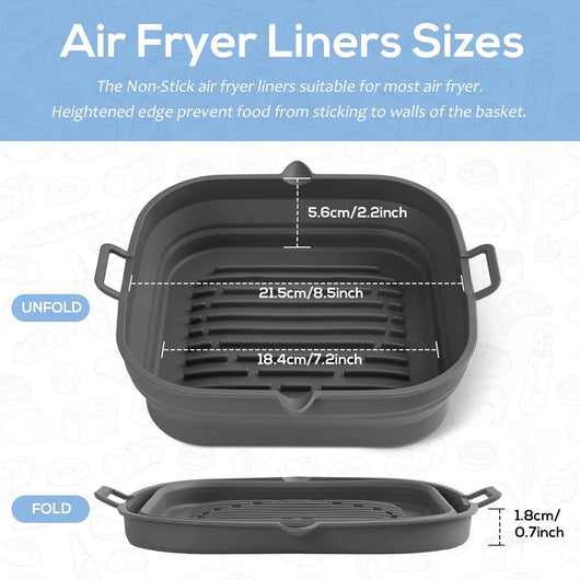[2 Pack] Silicone Air Fryer Liners Square - Reusable Airfryer Basket - Easy to Clean Air Fryers Pot for 5.8 to 8 Qt Large Air Fryer Baking Tray Oven Accessories, 8.5 Inch - Tekeno