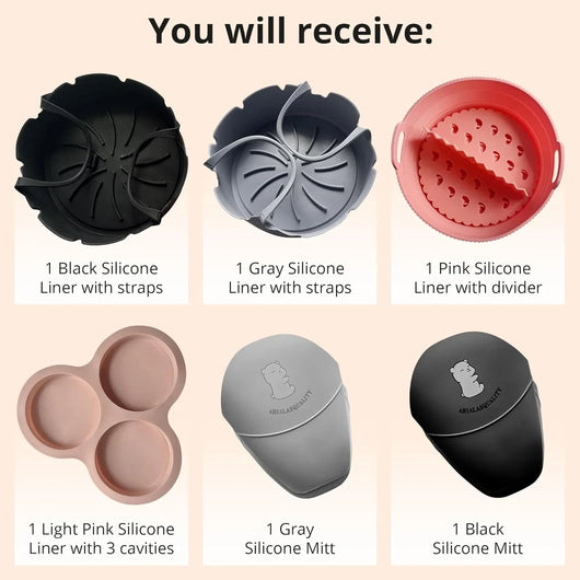 ARIALASQUALITY 7 Pcs Air Fryer Accessories - Silicone Liners, Egg Bite Mold, Reusable Basket Liner - Tekeno
