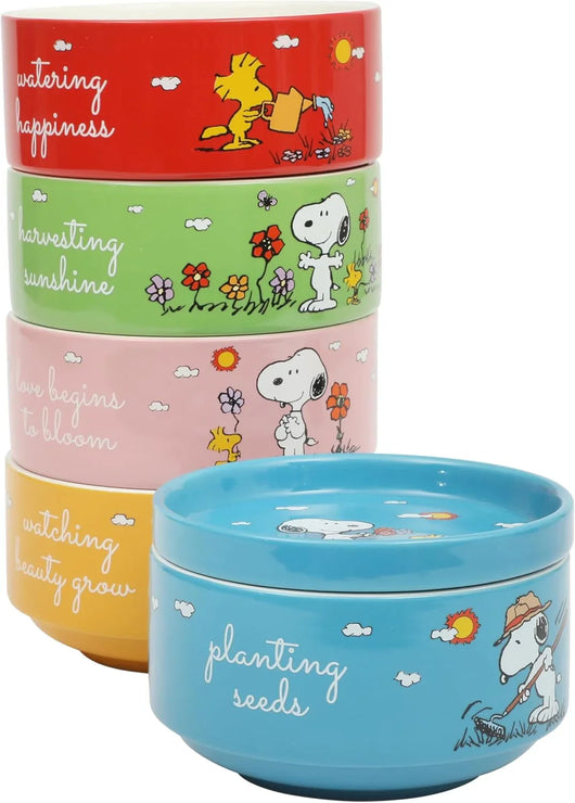 Set de 4 cuencos apilables de gres Peanuts – Snoopy y amigos, 14 cm, aptos para microondas y lavavajillas - Tekeno