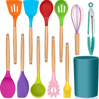 Cooking Utensils Set of 6, Silicone Kitchen Utensils with Wooden Handle, Non-Stick Cookware Friendly & Heat Resistant, Includes Spatula/Ladle/Slotted Turner/Serving Spoon/Spaghetti Server(Black) - Tekeno
