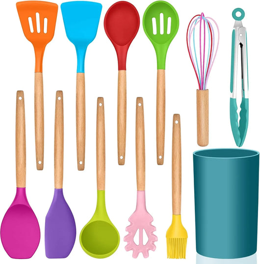 Cooking Utensils Set of 6, Silicone Kitchen Utensils with Wooden Handle, Non-Stick Cookware Friendly & Heat Resistant, Includes Spatula/Ladle/Slotted Turner/Serving Spoon/Spaghetti Server(Black) - Tekeno