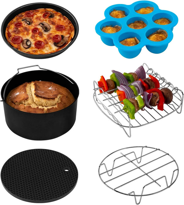 Air Fryer Accessories, Set of 6 Perfect for Most 5.0 Qt and Larger Ovens, Cake & Pizza Pan, Metal Holder, Rack & Skewers, Etc, BPA Free, Nonstick, Dishwasher Safe, 5.8 QT, Black - Tekeno