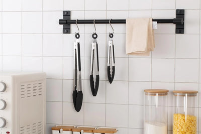 Stainless Steel Silicone Tipped Kitchen & BBQ Tongs Set, 3 Pc. Tongs, Black - Tekeno