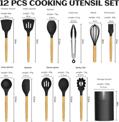 Silicone Cooking Utensils Set for Kitchen, Spoons Spatula Spatulas Accessories, Baking Heat Resistant Cookware De Home, Rubber New Apartment Decor, Plastic Nonstick Turner Tool (Black) - Tekeno