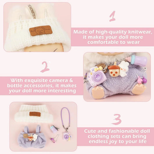 Doll Clothes for Labubu, 17Cm/15Cm Dolls Outfit Set , Luxury Chic Style High-End Fashion Suitable Accessories (No Doll)(Purple) - Tekeno