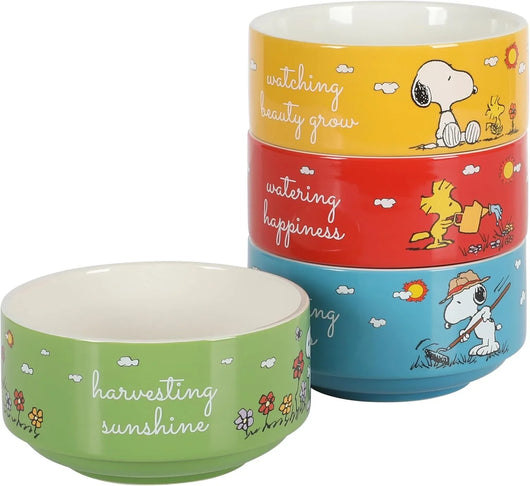 Set de 4 cuencos apilables de gres Peanuts – Snoopy y amigos, 14 cm, aptos para microondas y lavavajillas - Tekeno