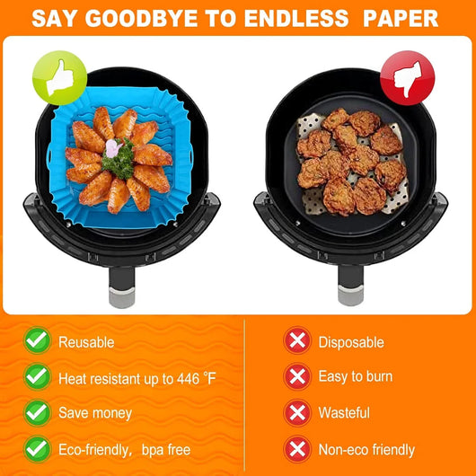 2 PCS Square Silicone Air Fryer Liners - 8 Inch Reusable Air Fryer Pot - Air Fryer Accessories - Air Fryer Inserts for 4 to 7 QT Oven Microwave Accessories (Red + Blue) - Tekeno