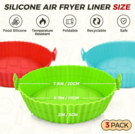3 Pack Air Fryer Silicone Liners 8Inch Air Fryer Silicone Pot Reusable Food Grade Silicone Airfryer Liners Baking Basket Accessories Replacement of Flammable Disposable Parchment Paper - Tekeno
