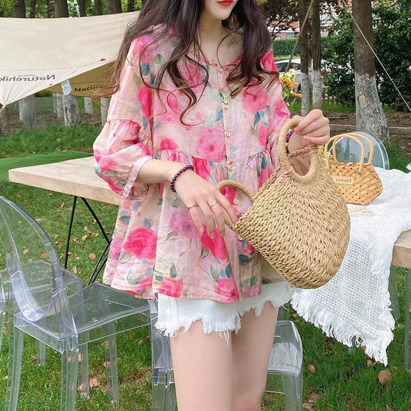 Blusa Vintage Cuello Muñeca Manga Abullonada - Modelo Holgado Verano