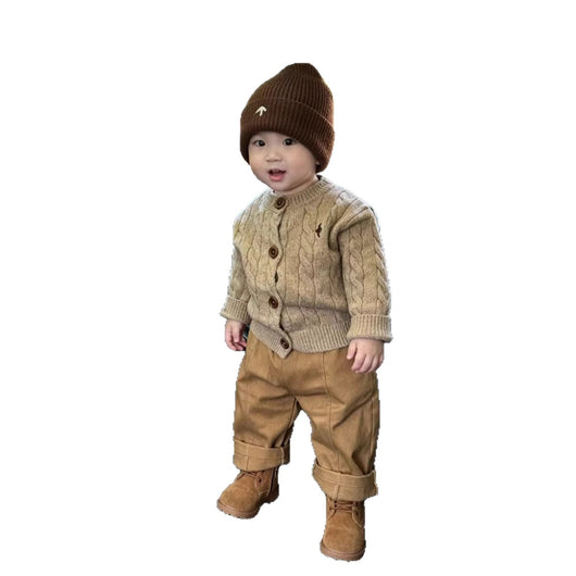 Suéter Tejido Grueso Estilo Coreano para Niño Otoño-Invierno en Khaki con Bordado - Image 5