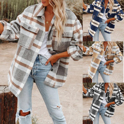 Chaqueta de Lana Cuadros para Mujer Manga Larga Suelta