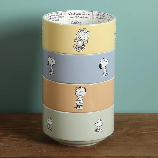 Set de 4 cuencos apilables de gres Peanuts – Snoopy y amigos, 14 cm, aptos para microondas y lavavajillas - Tekeno