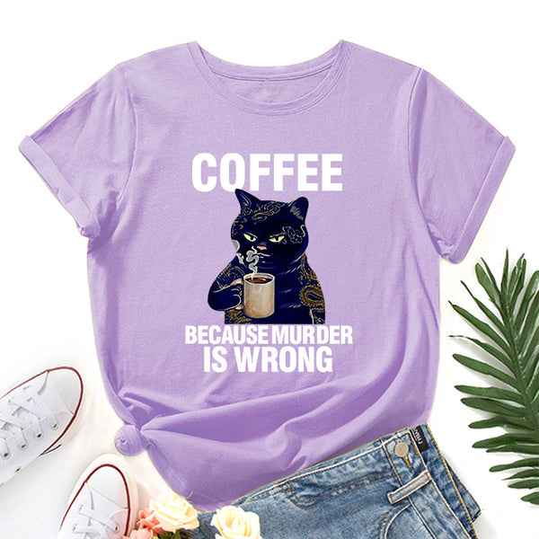 Camiseta Suelta Estampado Blanco y Negro Cuello Redondo Manga Corta