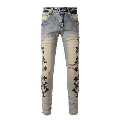 Jeans Skinny Elásticos para Hombre con Detalles Perforados y Patrón Óseo - Image 9