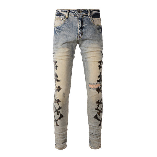 Jeans Skinny Elásticos para Hombre con Detalles Perforados y Patrón Óseo - Image 9