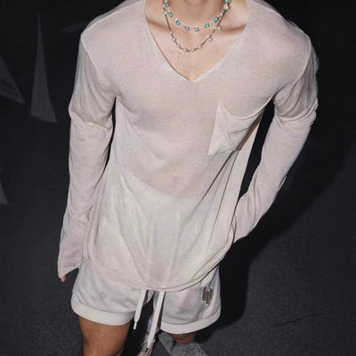 Playera Hombre Manga Larga Cuello V Efecto Transparente Hombro Caído - Image 2