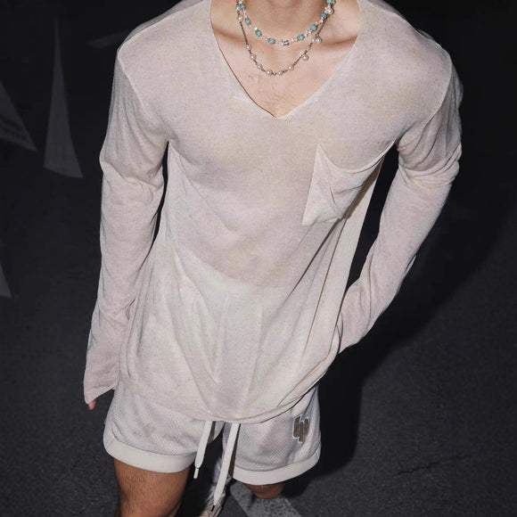 Playera Hombre Manga Larga Cuello V Efecto Transparente Hombro Caído